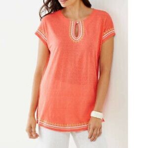 J. Jill Love Linen Embroidered Coral Poncho Blouse Top Medium